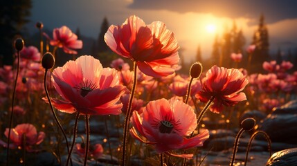 Poppy flower sunset or sunrise sky yellow light on golden hours
