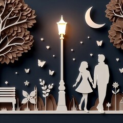 Love Couple in love in city park beside a street lamp by night in a paper cut style illustration, 3d paper. with copy space area clean design brown created with generative ai