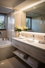 Fototapeta na wymiar Modern bathroom interior with beige walls and white vanity