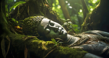 buddha statue laying in the forest, ai generated. - obrazy, fototapety, plakaty