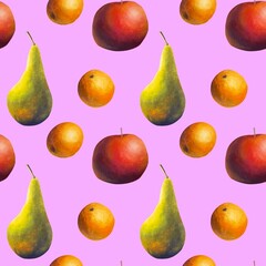 Realistic red apple, pears, oranges, tangerines trending seamless pattern on light purple background. watercolor fruit repeating wallpaper for design menu, fruit salad ingredients, paper, fabrics