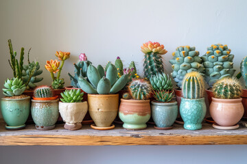 Succulent Symphony, Assorted cacti arranged on a wooden shelf, Y2K nostalgia, Intricate and charming