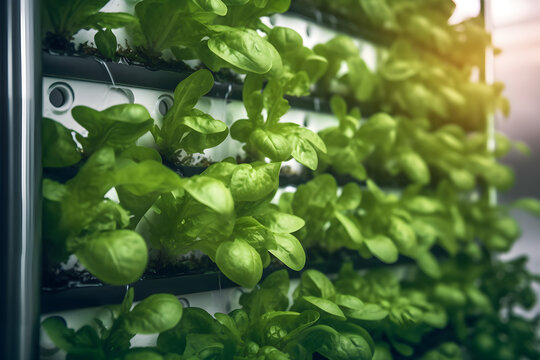 vegetable in Hydroponics vertical farm with high technology farming. Agricultural Greenhouse with hydroponic shelving system