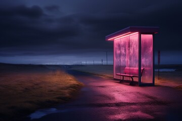 A lonely bus stop glows in the night