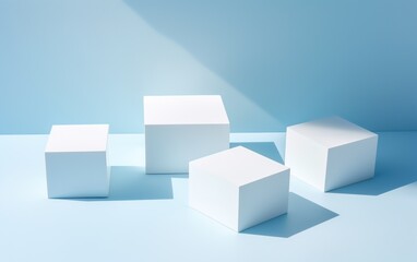 White cubes on blue background with sunlight and shadows