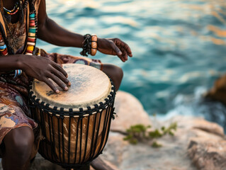Drummer beats on drum amidst stunning coast. Perfect depiction of travel, vacation, and relaxation. Close-up view and ample copyspace