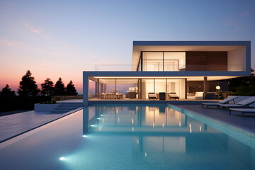 Modern luxury villa with pool and amazing sunset view
