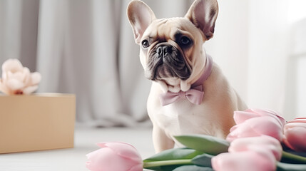Adorable French bulldog puppy with a bow and a bouquet of tulips and gifts. Suitable for greeting cards for spring holidays - Mother's Day, March 8th and Valentine's Day and promotions for pet care.