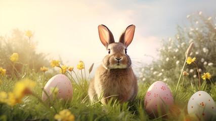 gray Easter bunny and multi-colored painted Easter eggs on a spring meadow with yellow flowers. Easter Background with Copy Space.