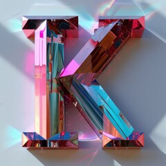 alphabet letter, opalescent rainbow-chrome-holographic letter 'K', white background