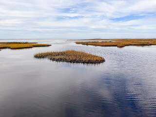 Coastal marsh plants in islands with the sky reflecting in the still water.