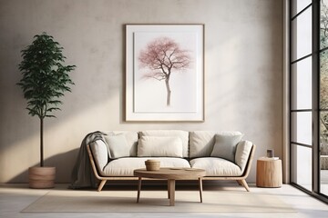 Elegant living room interior with sofa, coffee table, plant, and wall art