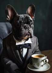 French Bulldog drinking coffee at the cafe in suit and tie