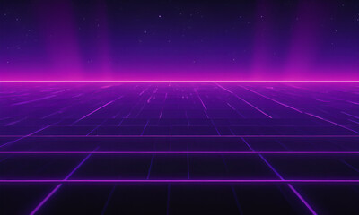 0s Retro wave style background displayed on vintage computer screen. VHS noise and glitch effects. Bright purple color