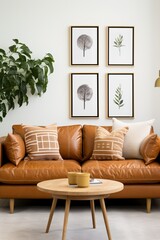 Minimalist living room with leather sofa and botanical prints
