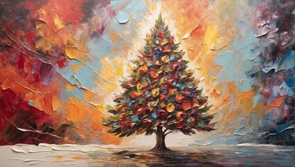 Oil painting Christmas tree artwork. Hand drawn oil painting. Christmas art background. Oil painting on canvas. Modern Contemporary art
 - obrazy, fototapety, plakaty