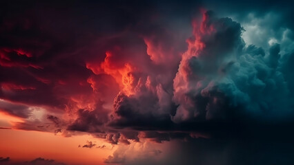 Black dark gray blue purple red pink coral orange storm clouds. Gloomy cloudy dramatic ominous epic sky background. Color gradient. Night evening sunset. Hurricane wind rain light lightning fire smoke