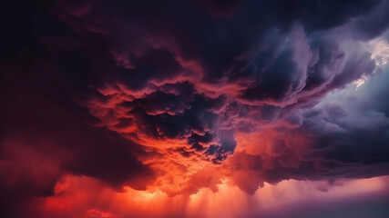 Obraz premium Black dark gray blue purple red pink coral orange storm clouds. Gloomy cloudy dramatic ominous epic sky background. Color gradient. Night evening sunset. Hurricane wind rain light lightning fire smoke