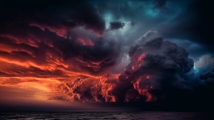 Fototapeta premium Black dark gray blue purple red pink coral orange storm clouds. Gloomy cloudy dramatic ominous epic sky background. Color gradient. Night evening sunset. Hurricane wind rain light lightning fire smoke