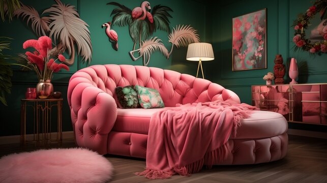 pink tufted chaise lounge in a green room with pink flamingo wallpaper