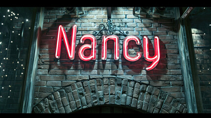 Nancy, girls name, lit up in a neon sign against brick wall