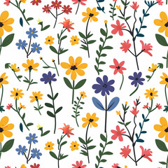 Flat seamless pattern of summer flowers in bright colors on a white background. High quality