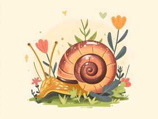 Cute snail in flowers flat illustration. High quality