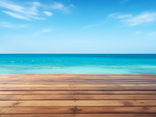 Naklejka premium Wooden dock over blurred tropical ocean