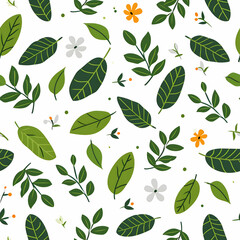 Green leaves and tiny yellow flowers. Seamless pattern white background. High-resolution