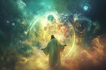 An ethereal image of jesus in a celestial realm Surrounded by symbols of peace and divinity.