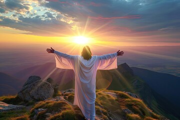 Jesus christ with open arms Radiating divine light On a mountaintop at sunset