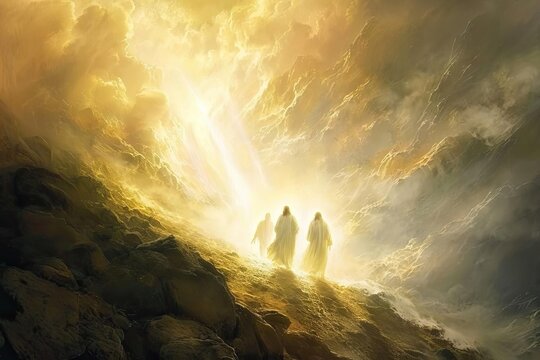 An artistic rendition of the transfiguration of jesus With moses and elijah Radiant on a mountain.