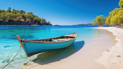 Fototapeta na wymiar Wooden boat on a tropical beach with white sand and crystal clear water