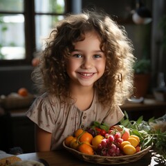 Portrait of a smiling girl with curly hair sitting at a table with a basket of fruit
