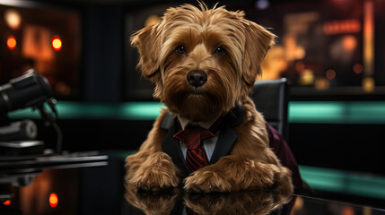 Dog hosting news broadcast, podcast, streaming