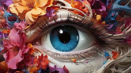 Female eye detailed illustration in bright colors collection. Eye poster splash of colors. Art makeup. Concept art female eye 3D wallpaper illustration. Deep gaze. Vision treatment, vision correction.