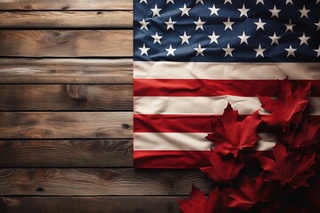American flag with red maple leaves