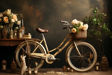 Vintage bicycle with flowers and candles - obrazy, fototapety, plakaty