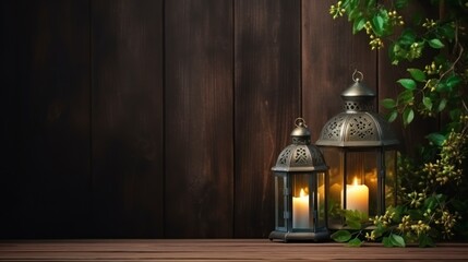 Arabic lanterns and green branches on dark wooden table background, flat lay. copy space - generative ai