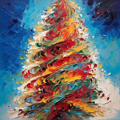 Oil painting Christmas tree artwork. Hand drawn oil painting. Christmas art background. Oil painting on canvas. Modern Contemporary art