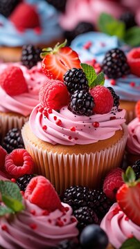 Delectable pink frosted cupcakes decorated with fresh raspberries, strawberries, and blackberries