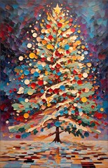 Oil painting Christmas tree artwork. Hand drawn oil painting. Christmas art background. Oil painting on canvas. Modern Contemporary art