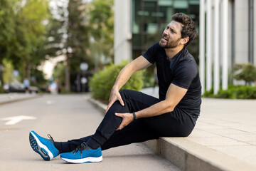 A young sportsman man sits on the street on the curb and holds his leg. Grimaced and in pain