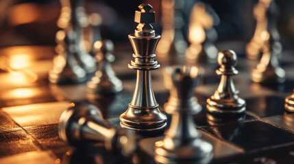 Close up golden king chess figure and team win silver chess figure on board