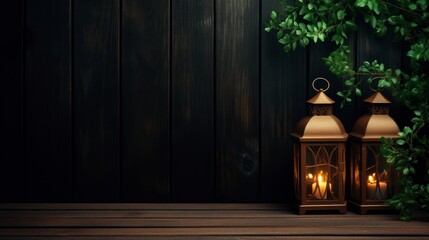 Arabic lanterns and green branches on dark wooden table background, flat lay. copy space - generative ai