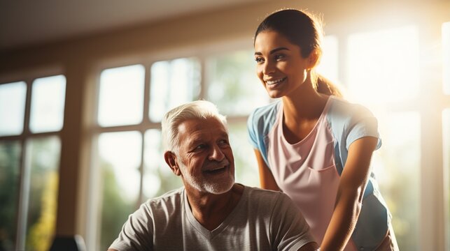 Caregiver assisting senior man in wheelchair