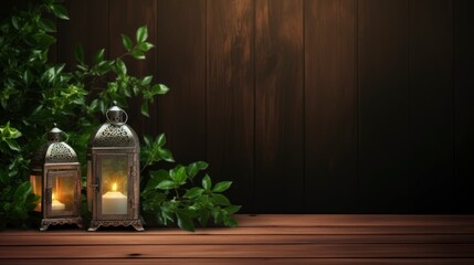 Fototapeta na wymiar Arabic lanterns and green branches on dark wooden table background, flat lay. copy space - generative ai