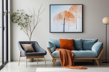 Blue and orange living room interior with a tree poster