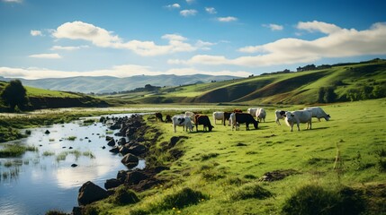 Cows grazing in a lush green field near a river on a sunny day