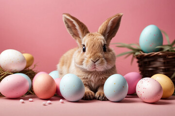 Fototapeta na wymiar easter bunny and eggs pink background